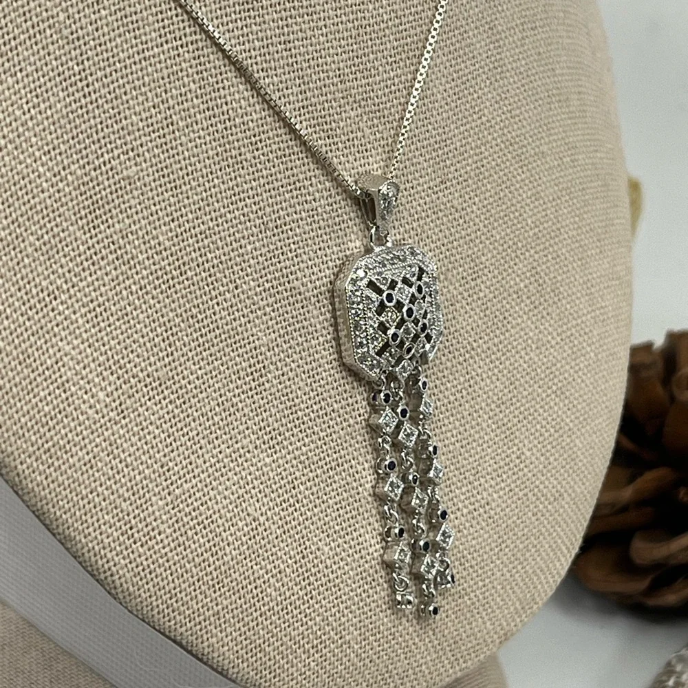 Technibond Platinum Sterling Silver & Blue Sapphire CZ Pendant Necklace